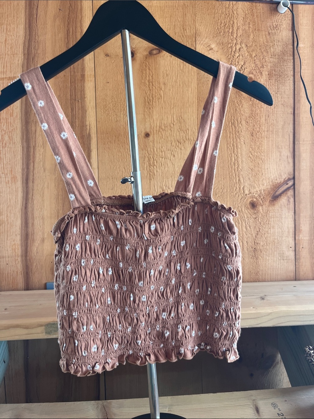 American Eagle Outfitters Rust Brown Smocked Floral Crop Top